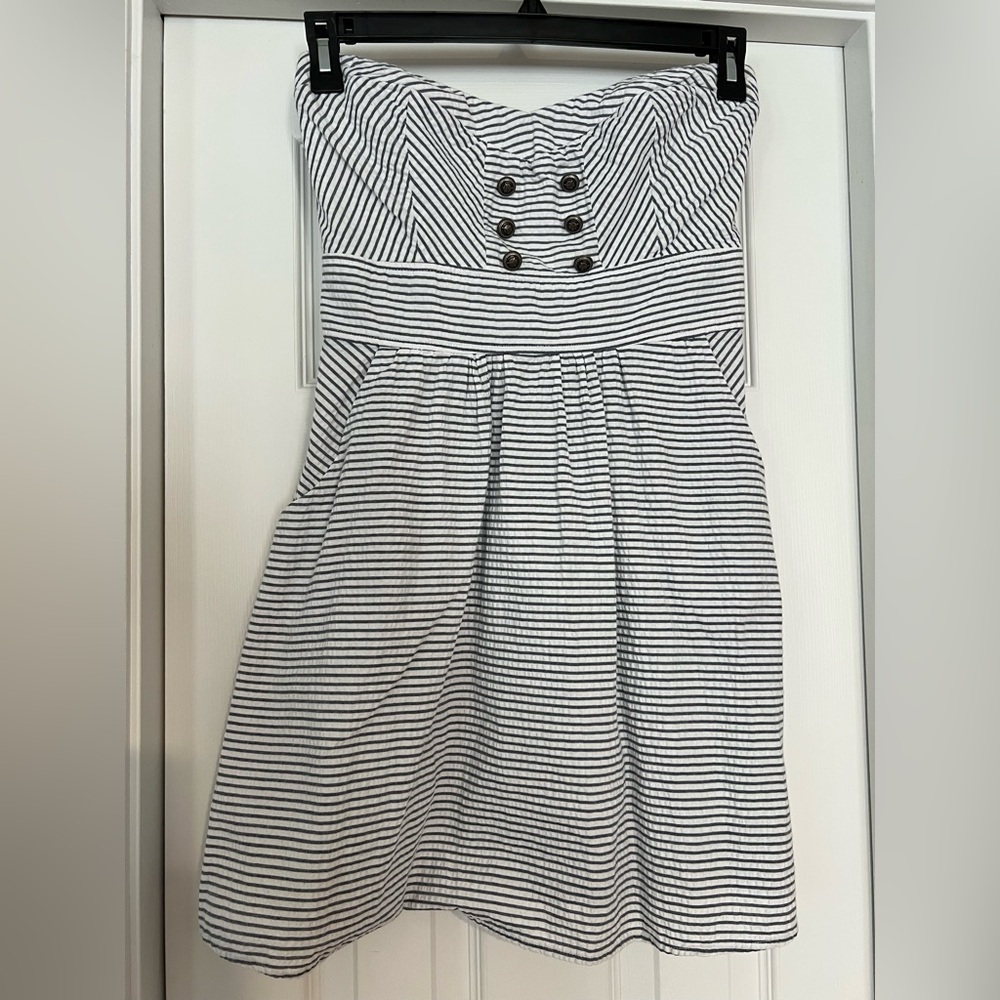 Trixxi Blue and White Seersucker Strapless Dress